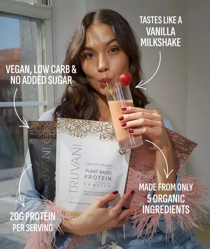 Vista 2 de Truvani Organic Plant Based Protein Powder Vanilla 18 Servings Vegano 0.71 oz de proteína de guisante Keto Sin gluten y lácteos Bajo