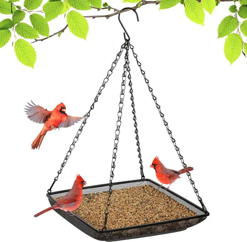 Vista 10 de MIXXIDEA Bandeja colgante para pájaros con plataforma de malla metálica con cadenas duraderas para jardín al aire libre, ideal para atraer pájaros
