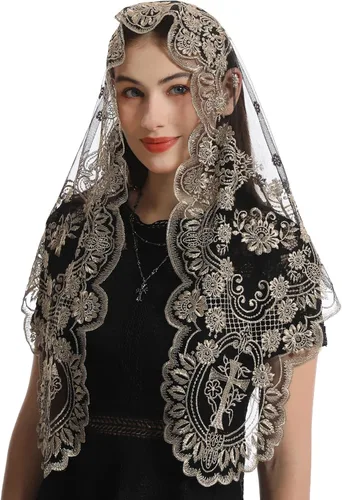Vista 3 de Bozidol Cubierta triangular para la cabeza de la iglesia, velo de iglesia vintage bordado con cáliz cruzado para mujer