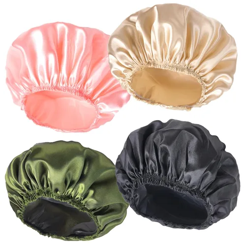 Vista 12 de Gorras de ducha para mujer, 4 piezas de gorros de baño elásticos y reutilizables, gorro de ducha de doble capa reutilizable e impermeable, gorros