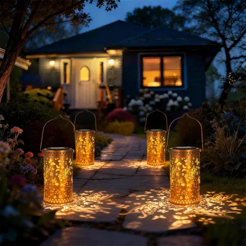 Vista 7 de Linternas solares colgantes al aire libre, linternas de metal decorativas de hadas - Luz decorativa LED impermeable para jardín, patio, césped