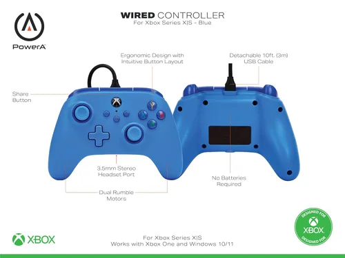 Vista 3 de PowerA Wired Controller for Xbox Series XS - Blue, gamepad, video gamegaming controller, works with Xbox One, Officially Licensed