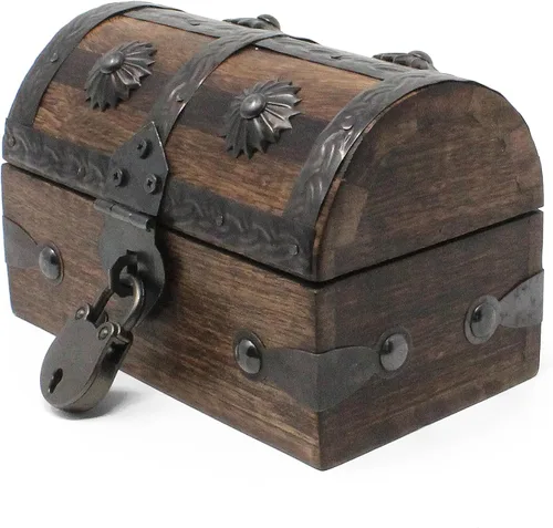 Vista 5 de Cofre del tesoro de madera de recuerdo con cerradura y llave de joyería antigua (pequeño 5x3x3.25) – Caja decorativa, cofre de madera pirata, caja