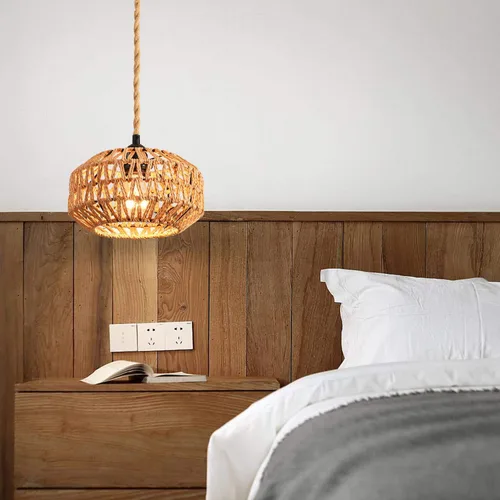 Vista 8 de Paquete de 2 lámparas colgantes de ratán enchufables con interruptor, mini lámpara de techo de ratán bohemio semiempotrada, accesorios de luz