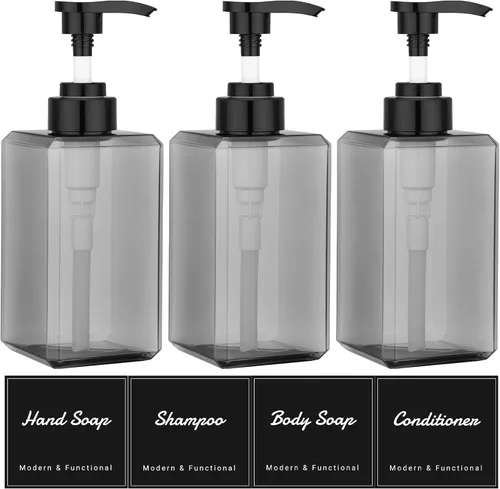 Vista 30 de Suream Dispensador de champú y acondicionador ámbar con bomba de plástico negro, botella de ducha recargable de 16.9 onzas para baño, recipiente