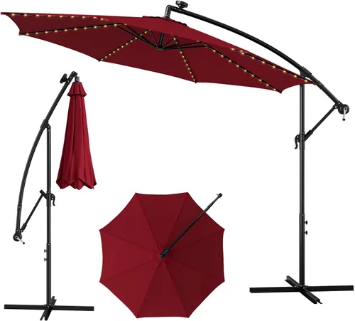 Vista 11 de Tangkula Sombrilla solar de 10 pies, sombrilla colgante inclinada en voladizo con 112 luces LED de lluvia de meteoros, con manivela, sombrilla