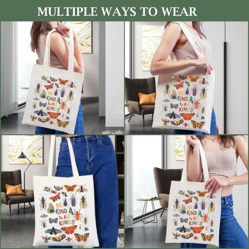 Vista 5 de Bolsa de lona estética para mujer con bolsillo interior, bolsa de hombro para libros, bolsas reutilizables para compras
