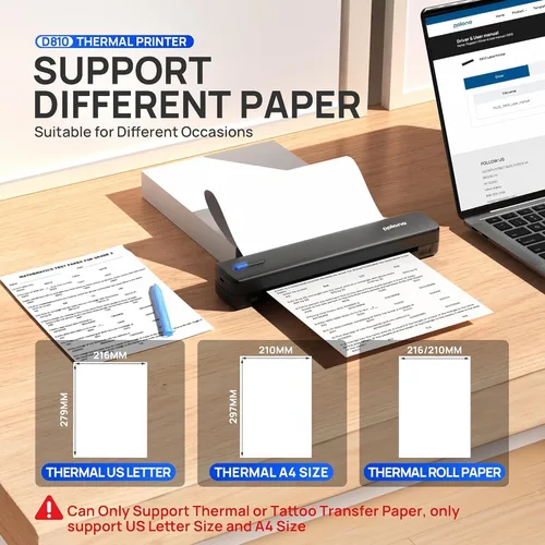 Vista 4 de POLONO Impresora portátil, impresora térmica Bluetooth sin tinta D810 inalámbrica para viajes, compatible con iOS, Android, laptop, compatible