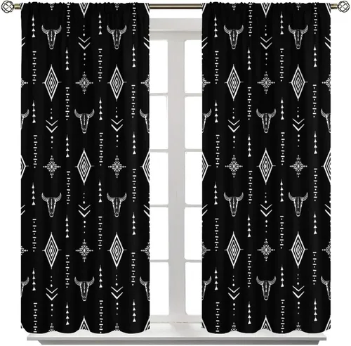 Vista 374 de Cortinas con patrón geométrico tribal, estilo suroeste, azteca, rústico, occidental, nativo americano, opacas, con bolsillo para barra, decoración