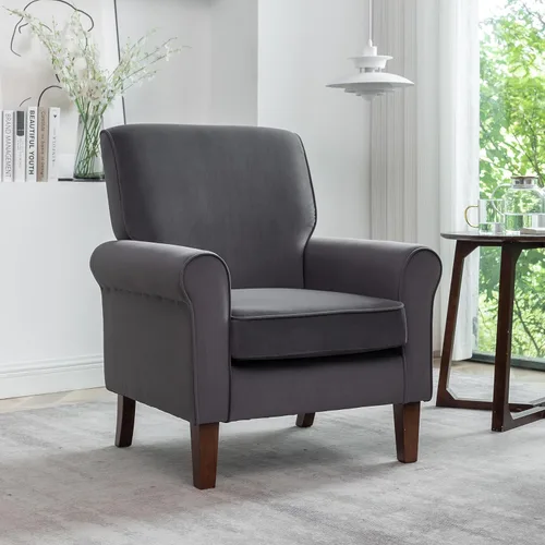 Vista 23 de Sillón clásico con marco de madera de abedul y cómodos reposabrazos enrollados, sillones para sala de estar, dormitorio y decoración de oficina