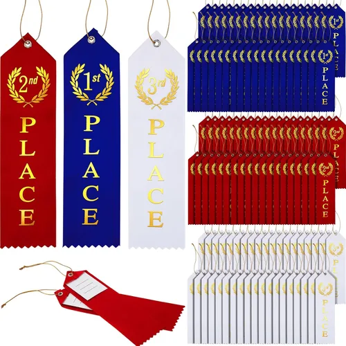 Vista 9 de Outus 18 piezas de cintas de premio 1er, 2º, 3er lugar conjunto con tarjeta plana premios de primer lugar con tarjeta de evento y cuerda para día