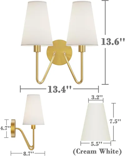 Vista 5 de Electro bp; Apliques de Pared Clásicos de Doble Cabeza con 2 Luces, Accesorio de Iluminación Dorado Pulido con Pantallas de Lámpara de Tela de Lino