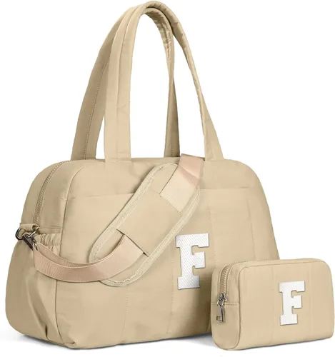 Vista 163 de Bolsa de lona Vogewood, bolsas personalizadas de fin de semana para mujer, bolsas de viaje con estuche de maquillaje, regalos de cumpleaños, Beige