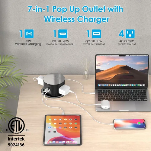 Vista 2 de VILONG Toma de corriente desplegable para encimera, 20 W USB-C, 15 W Negro