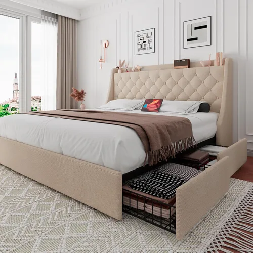 Vista 11 de iPormis Base de cama Queen con 4 cajones de almacenamiento, marco de cama tapizado con puertos tipo C y USB, cabecera de almacenamiento con respaldo