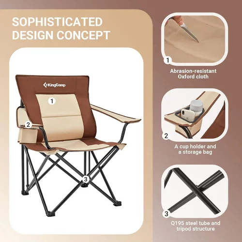 Vista 3 de KingCamp Soporte lumbar de gran tamaño, silla de camping plegable, respaldo alto, silla ergonómica para exteriores, silla de campamento con brazo