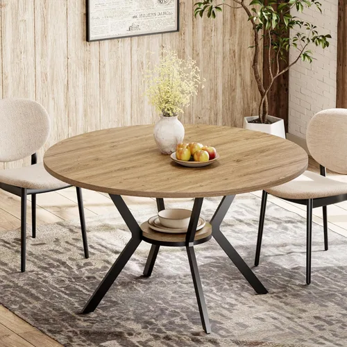 Vista 15 de Mesa de comedor redonda de 42 pulgadas para 4, mesa de cocina de granja con almacenamiento, mesa de comedor circular que ahorra espacio, mesas
