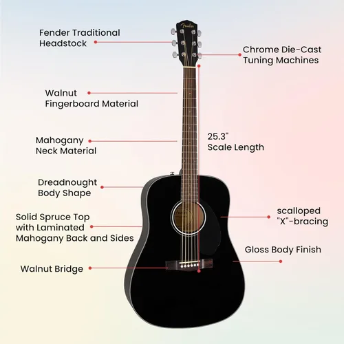 Vista 8 de Fender Dreadnought - Guitarra acústica - Paquete negro con estuche, afinador, correa, cuerdas, devanador de cuerdas, púas y DVD instructivo