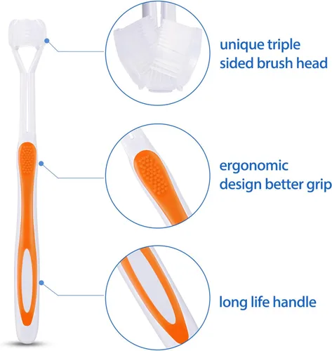 Vista 3 de Boao 4 piezas de cepillo de dientes de tres caras para autismo, cepillo de dientes sensorial, cerdas de viaje, cepillo de viaje para niños, cuidado