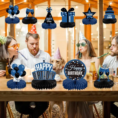 Vista 5 de Pajean 8 Piezas Centros de Mesa de Cumpleaños Azules y Negros con Diseño de Panal, Centros de Mesa Azules y Negros, Decoraciones, Cartel de Centro