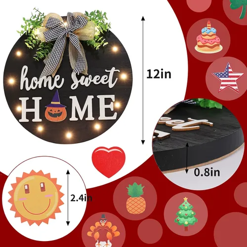 Vista 4 de Letrero de bienvenida intercambiable para puerta delantera con 14 iconos intercambiables, decoración de porche delantero de granja, letrero de pared