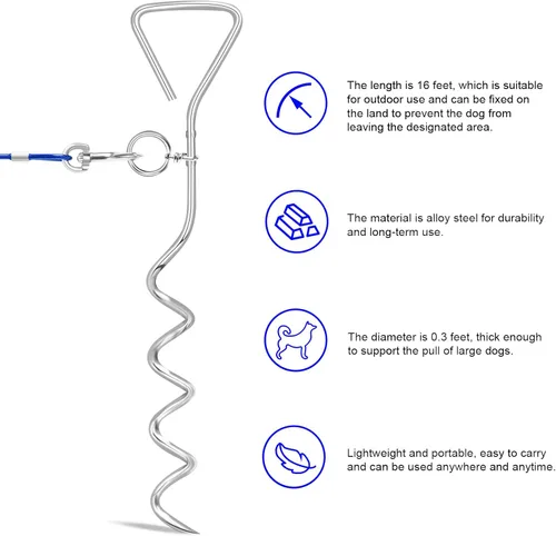 Vista 2 de Relux Cable y estaca de amarre para perros, correa de perro de 30 pies para entrenamiento de patio, correr, senderismo, campamento, con anclaje