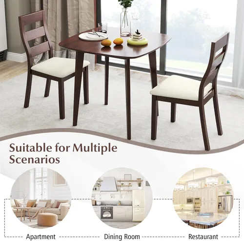 Vista 9 de Giantex Juego de mesa de comedor de 3 piezas para 2, mesa de cocina cuadrada de madera y 2 sillas con asiento acolchado, respaldo de escalera, juego