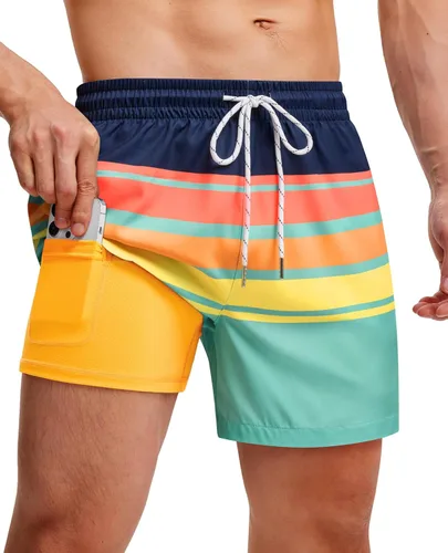 Vista 35 de Gleeease Traje de baño para hombre de 5 pulgadas con forro de compresión, 2 en 1, elástico, de secado rápido, bolsillos divertidos con cordón