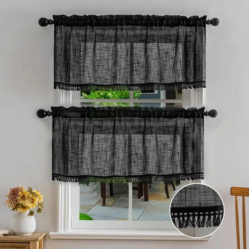 Vista 16 de Beda Home - Cenefas de lino texturizado con borlas para cocina de granjas; decoración rústica con filtro de luz para ventanas pequeñas, dormitorio