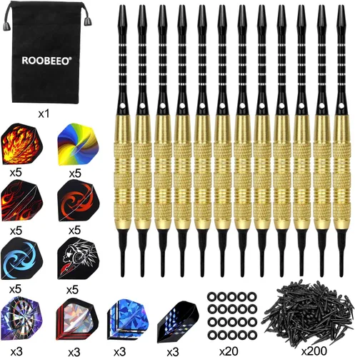 Vista 6 de Juego de dardos de punta suave, 12 dardos de punta de plástico de 0.63 oz con barriles de acero de latón y ejes de aluminio, 200 puntas de dardos