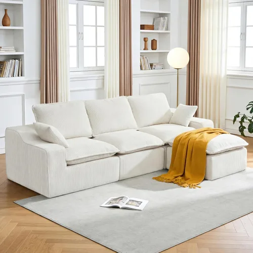 Sofá modular sin hueso de 107 pulgadas con otomana, sofá modular de pana con asiento profundo tapizado, moderno sofá modular con tumbonas en forma