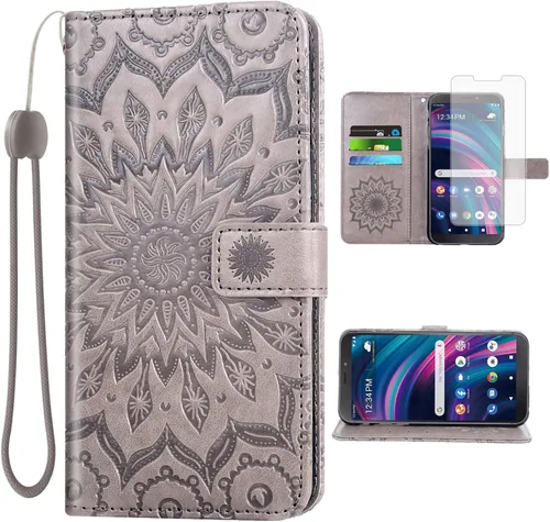 Vista 8 de Asuwish Funda para teléfono BLU View 3 B140DL con protector de pantalla de vidrio templado y piel de girasol, delgada, soporte para tarjetas Azul