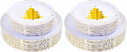 Vista 8 de WDF 50 platos de plástico plateado de Navidad, platos de plástico con copos de nieve, platos desechables blancos y plateados pesados para Navidad