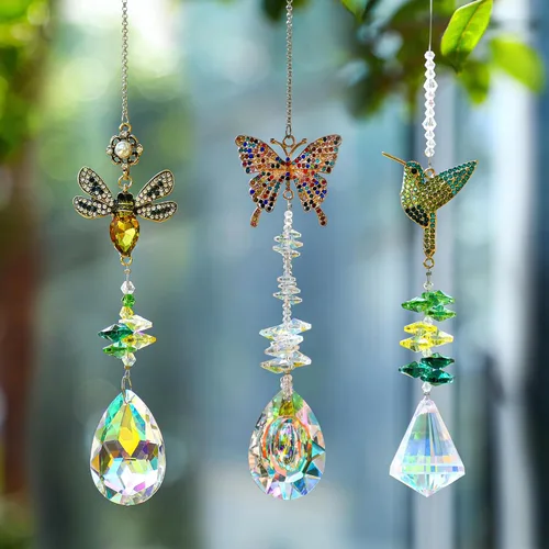 Vista 6 de H&D HYALINE & DORA 3 piezas de atrapasoles de cristal para ventanas, prisma colgante, diamantes de imitación con cadena y gancho, fabricante de arco