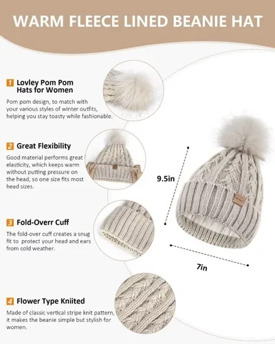 Vista 2 de Womens Beanie Hat Scarf Gloves Set, Fleece Lined Winter Hat with Pom Pom, Long Knit Scarf Touchscreen Gloves for Cold Weather