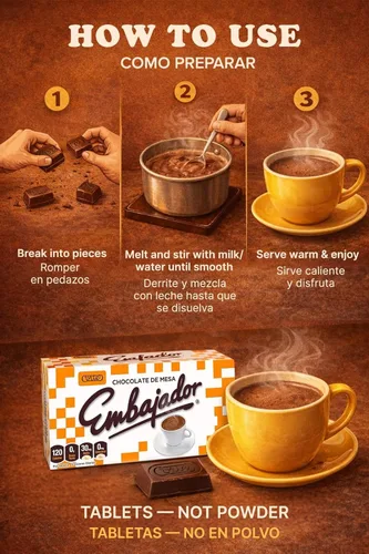 Vista 4 de Chocolate Embajador - Chocolate de Mesa 1 paquete Auténtico cacao caliente dominicano, chocolate Caliente y chocolate derretido, tabletas