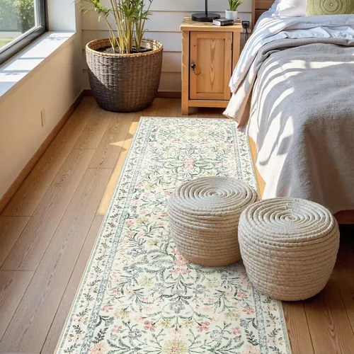 Vista 2 de Wonnitar Alfombra Lavable de Pasillo 2'6''x8', Alfombra de Pasillo Floral Bohemia de 8 pies de Largo para Dormitorio, Alfombras Beige Suaves