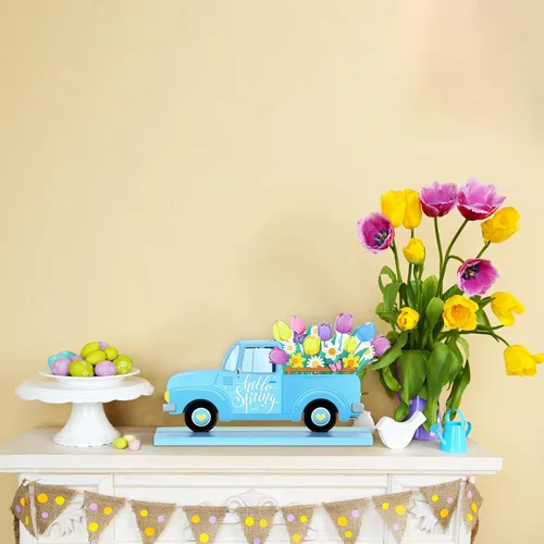Vista 3 de Blulu 4 piezas de decoración de mesa de primavera de Pascua, centros de mesa de Pascua, letreros de madera para decoración del hogar, decoración