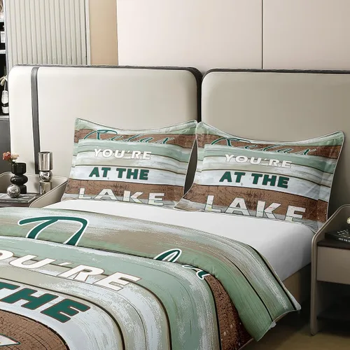 Vista 4 de jejeloiu Juego de funda de edredón de 100 % algodón, diseño de reglas del lago, decoración de casa de lago, color verde, tamaño individual