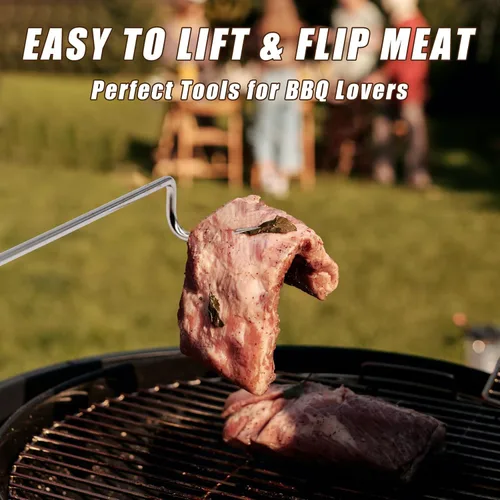 Vista 3 de Ganchos volteadores de acero inoxidable para asar, para carne, barbacoa, cocina, accesorios de parrilla con mango de madera para asar y ahumar