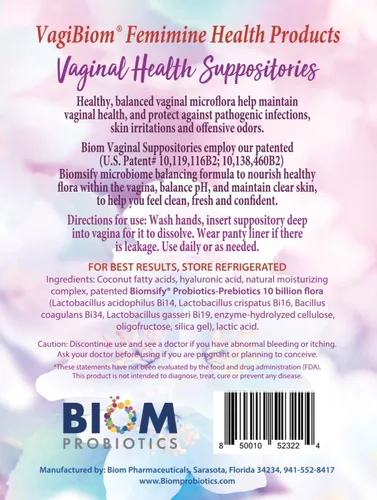 Vista 2 de Supositorio probiótico vaginal Biom: pH vaginal natural y régimen de control de olores; equilibra y nutre la flora vaginal del lactobacilo; sin