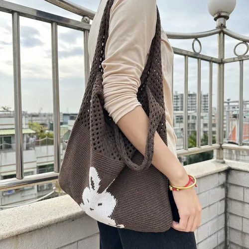 Vista 5 de Women Cute Rabbit Knitted Shoulder Bags Crochet Aesthetic Tote Bag Fairycore Hobo Bag Coquette Accessories