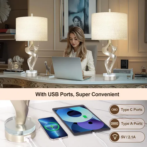 Vista 4 de Juego de 2 lámparas de mesa escultóricas con puertos USB para sala de estar, lámparas de noche de granja con acabado en hoja de oro y interruptor