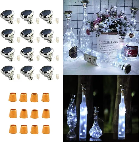 Vista 13 de YJFWAL Paquete de 12 luces solares mejoradas para botellas de vino, 20 luces LED impermeables de cobre, luces de cadena de corcho para decoración