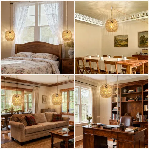 Vista 7 de SLYYMY Lámpara colgante enchufable, cable de cuerda de cáñamo de 15 pies, lámparas colgantes de ratán, interruptor de encendido/apagado, luces