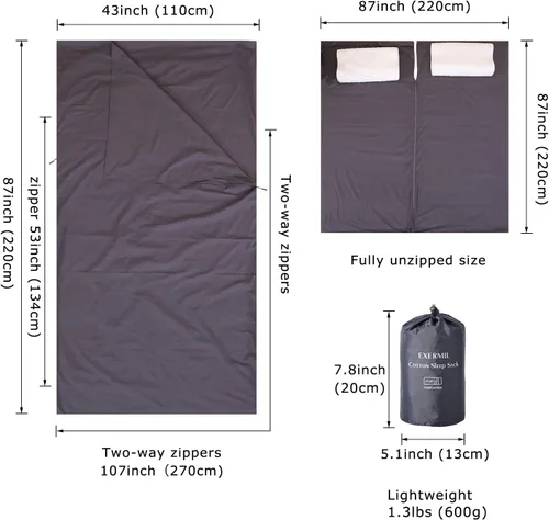 Vista 2 de EXERMIL Saco de dormir 100% algodón con cremalleras redondas, sábanas grandes de 87 x 43 pulgadas para hoteles, viajes y campamentos, sábanas