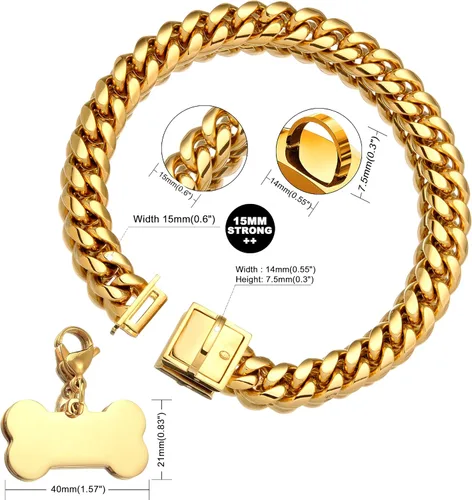 Vista 2 de Jewelry Kingdom 1 Collar de cadena de oro para perro con etiqueta de identificación de perro, cadena de eslabones cubanos de acero inoxidable de 18