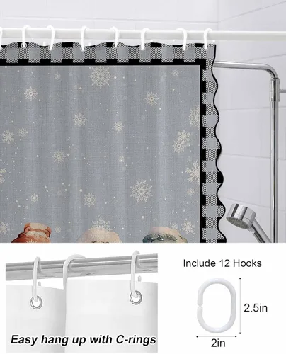 Vista 7 de Scalloped Shower Curtain for Bathroom 36"x72" Christmas Cartoon Snowman Black Plaid Waterproof Wave Bathroom Shower Curtain Sets with Hooks Bath