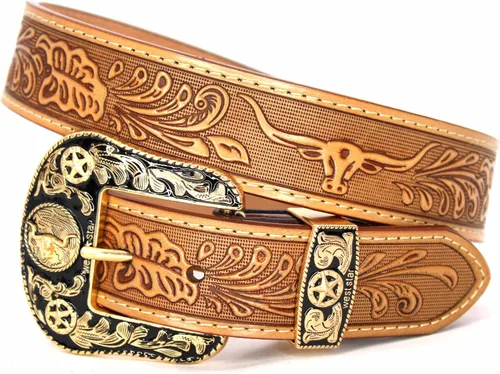 Vista 17 de Western Cowboy - Cinturón de cuero genuino con hebilla grabada, estilo country rodeo para hombre 8052 2cocodrilo Cf