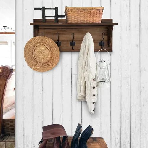 Vista 4 de HBCY Creations Perchero de pared de madera maciza color marrón rústico con estante, 5 ganchos, 24 pulgadas de largo, cocina, vestíbulo, entrada